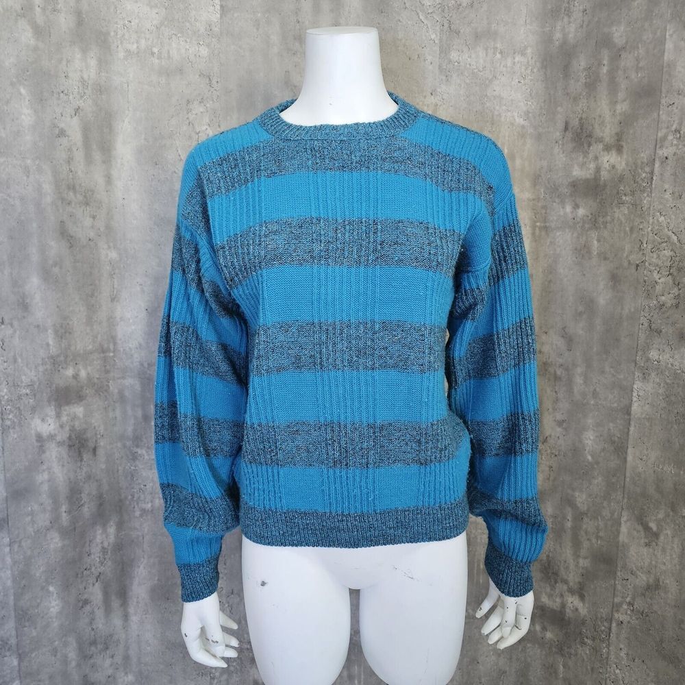 Vintage 80s Esprit Campus Blue‎ Grey Striped Acrylic Knit Pullover Sweater